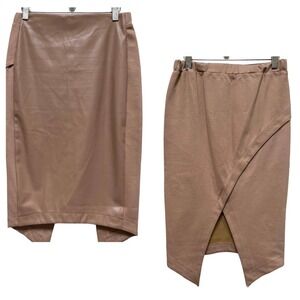 Gracia Camel Front Faux Leather Front Panel Knit Back Pencil Skirt Size Large